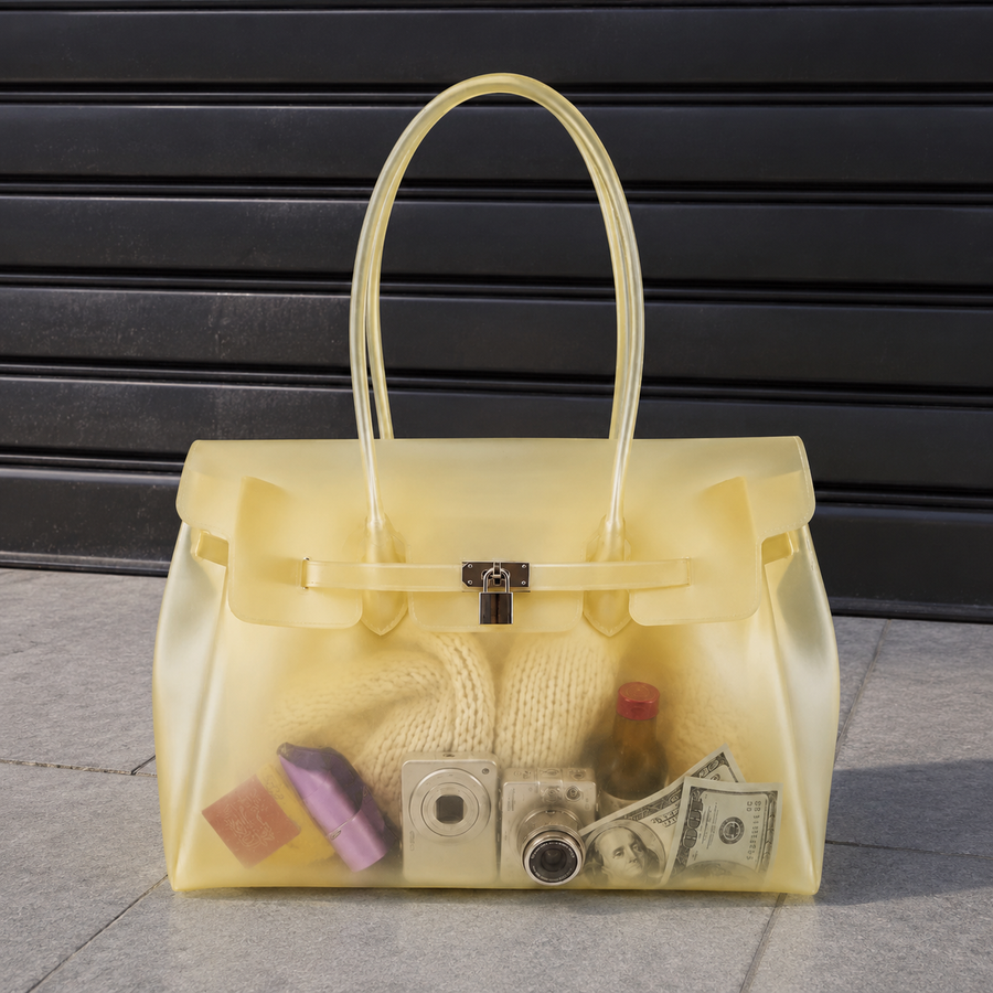 Sac à main Jelly Firkin Butter - sac tendance en TPU transparent effet gelée jaune beurre, fermoir cadenas et anses surpiquées, style bowling chic