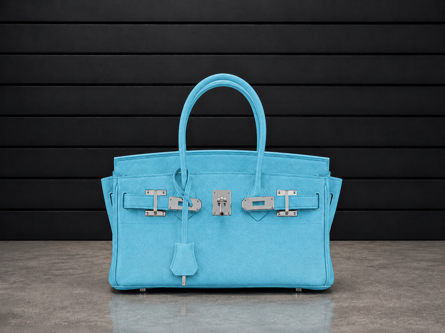 Sac à main Jelly Élan Celeste en cuir véritable grainé bleu ciel, fermoir cadenas argenté et clochette