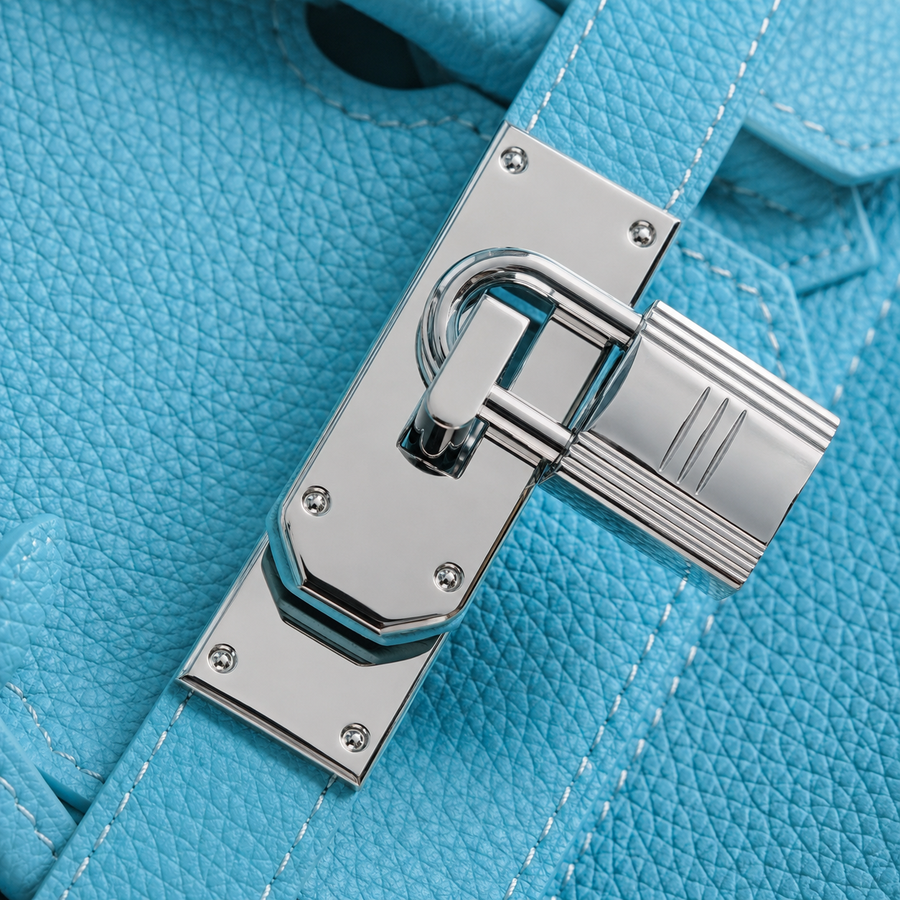 Gros plan sur le fermoir cadenas argenté du sac Jelly Élan Celeste en cuir grainé