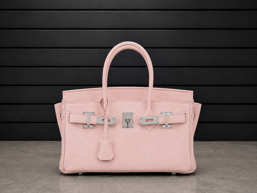 Sac à main Jelly Élan Pétale en cuir véritable grainé rose pétale, fermoir cadenas argenté et clochette