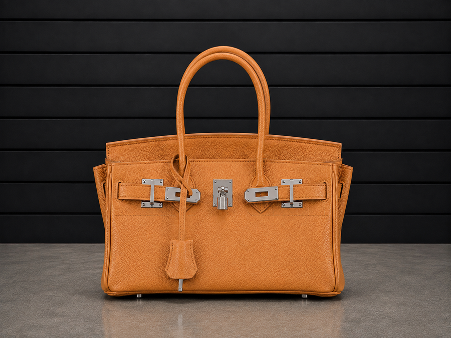Sac à main Jelly Élan Ambre en cuir véritable grainé brun ambré, fermoir cadenas argenté et clochette