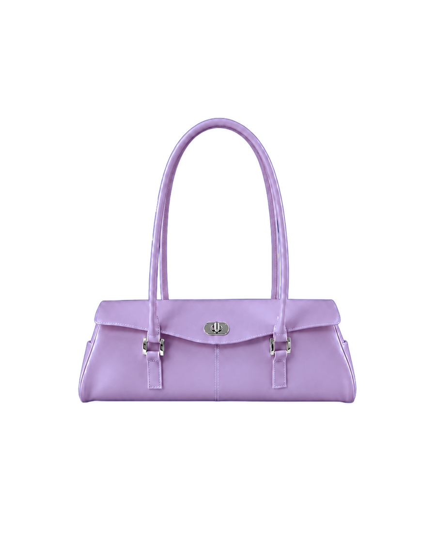 Borsa Baguette Firkin Amethyst in PVC jelly traslucido viola ametista, vista frontale, chiusura girevole e fibbie argentate