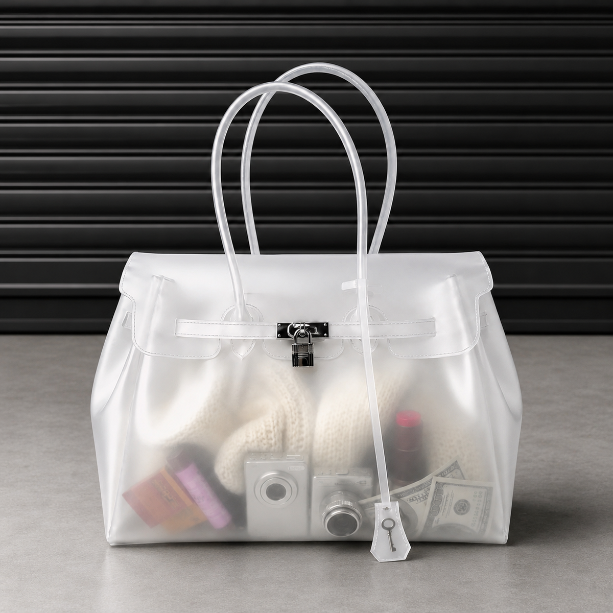 Jelly firkin bag Pearl — sac gelée translucide blanc nacré, fermoir cadenas et anses surpiquées