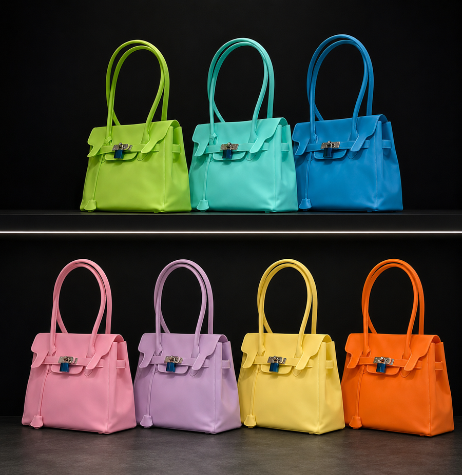 Collection de mini sacs Jelly Firkin en TPU transparent effet gelée, présentée dans sept coloris : vert, mint, sky bleu ciel, blush rose, lilac violet, jaune butter et orange sunset