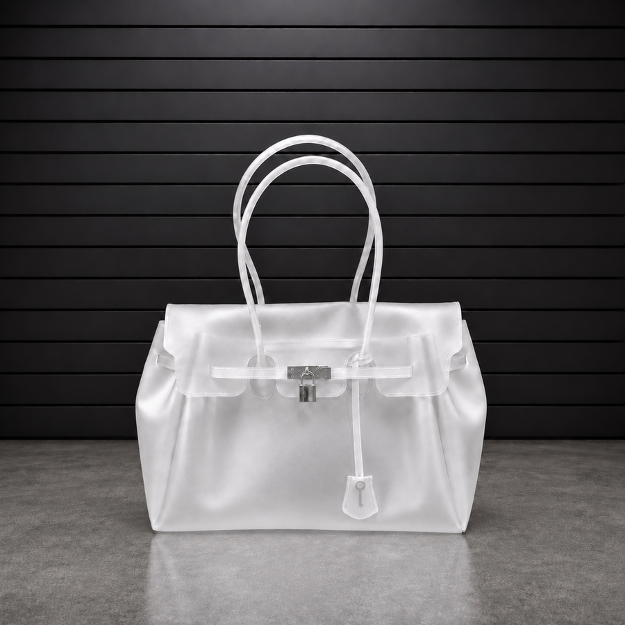 Sac à main Jelly Frosted Ice Pearl en PVC translucide à effet givré blanc glacé nacré, fermoir cadenas argenté