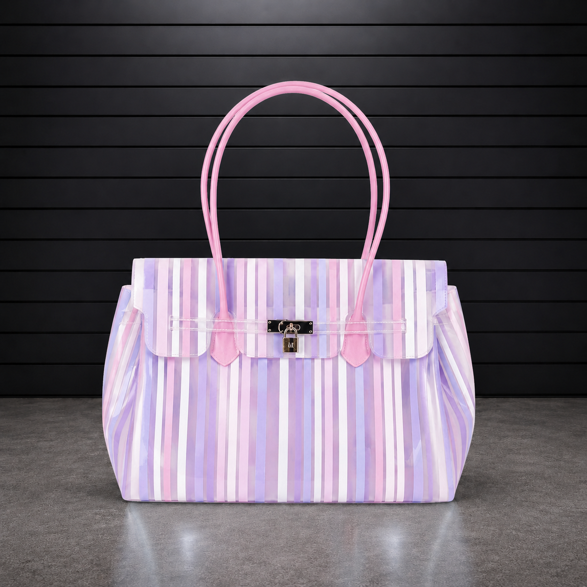Sac à main Jelly Firkin Aurora en TPU translucide à rayures roses et lilas, anses roses et fermoir cadenas