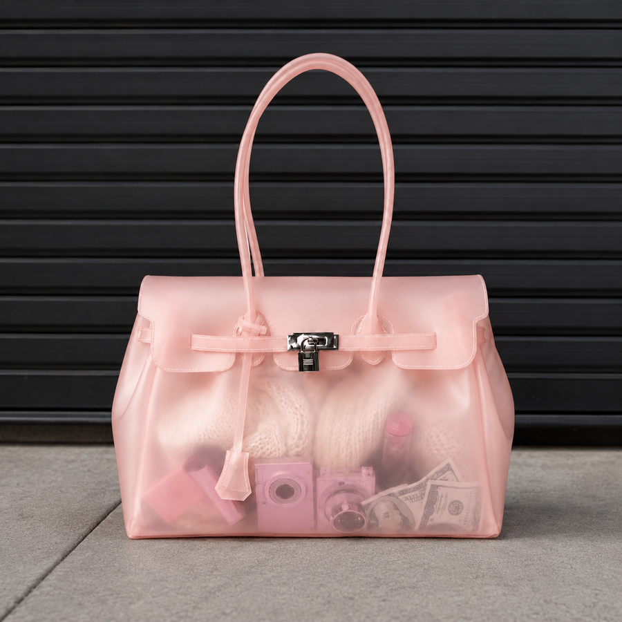Sac à main Jelly Firkin Blush - sac tendance en TPU transparent effet gelée rose poudré, fermoir cadenas et anses surpiquées, style bowling chic