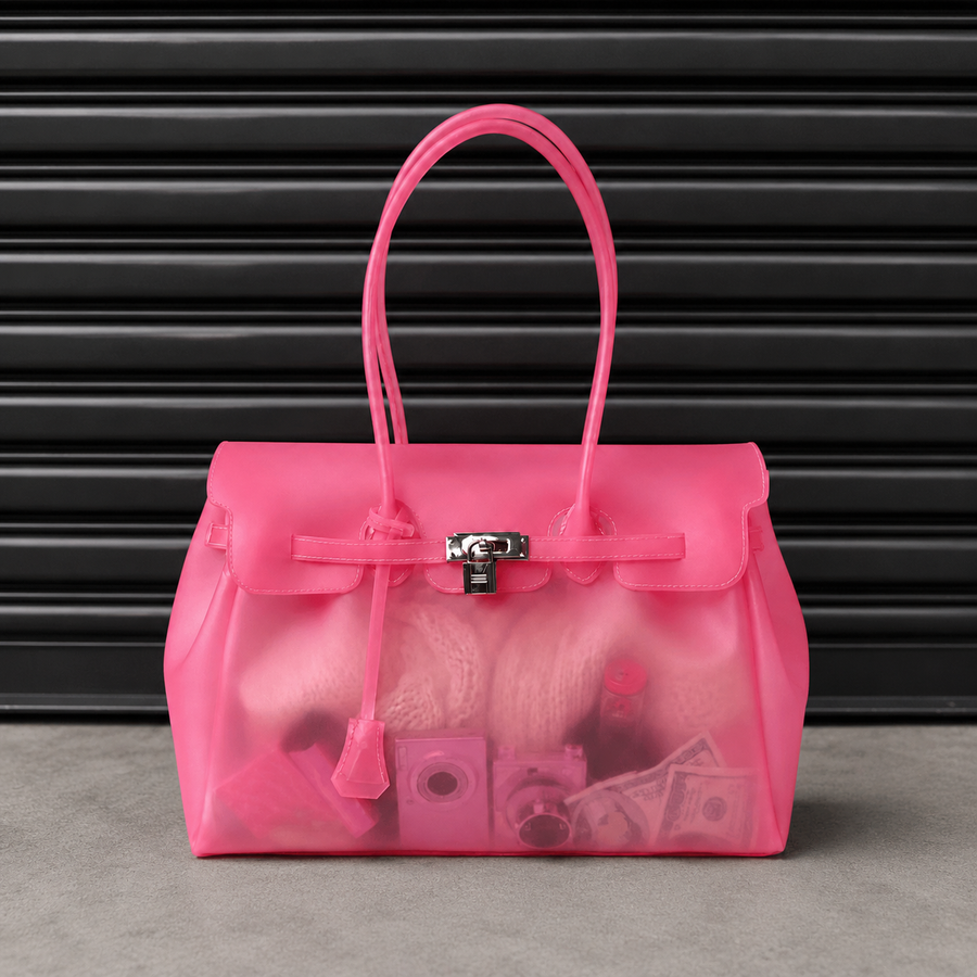 Sac à main Jelly Firkin Cherry Blush - sac tendance en TPU transparent effet gelée rose fuchsia, fermoir cadenas et anses surpiquées, style bowling chic