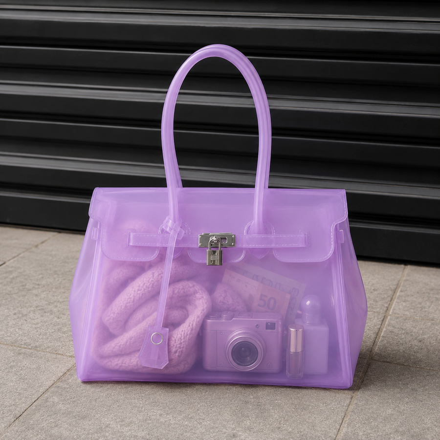 Sac à main Jelly Firkin Lavender - sac tendance en TPU transparent effet gelée violet lavande, fermoir cadenas et anses surpiquées, style bowling chic