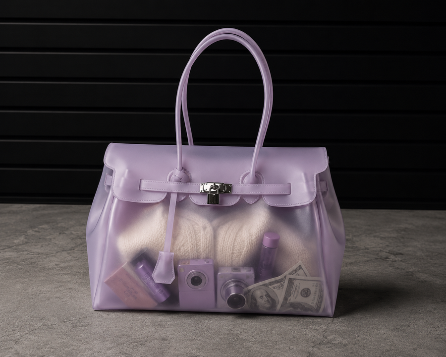 Sac à main Jelly Firkin Lilac - sac tendance en TPU transparent effet gelée violet lilas, fermoir cadenas et anses surpiquées, style bowling chic