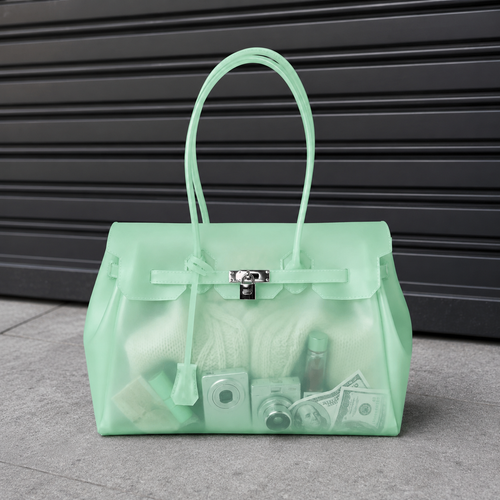 Sac à main Jelly Firkin Mint - sac tendance en TPU transparent effet gelée vert menthe, fermoir cadenas et anses surpiquées, style bowling chic