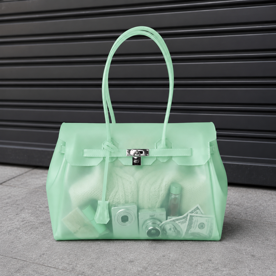Sac à main Jelly Firkin Mint - sac tendance en TPU transparent effet gelée vert menthe, fermoir cadenas et anses surpiquées, style bowling chic
