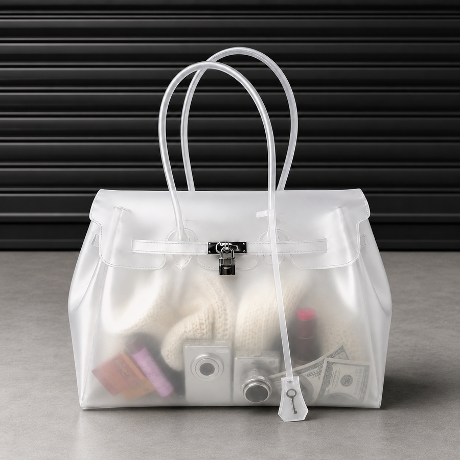Sac à main Jelly Firkin Pearl - sac tendance en TPU transparent effet gelée blanc nacré, fermoir cadenas et anses surpiquées, style bowling chic