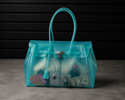 Sac à main Jelly Firkin Sky - sac tendance en TPU transparent effet gelée bleu ciel, fermoir cadenas et anses surpiquées, style bowling chic