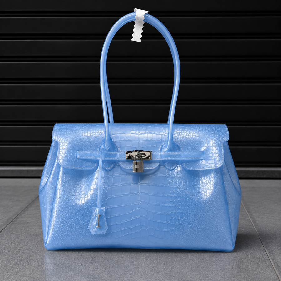 Sac Jelly Firkin Croco Azure bleu effet croco posé au sol, vue studio devant un rideau métallique noir