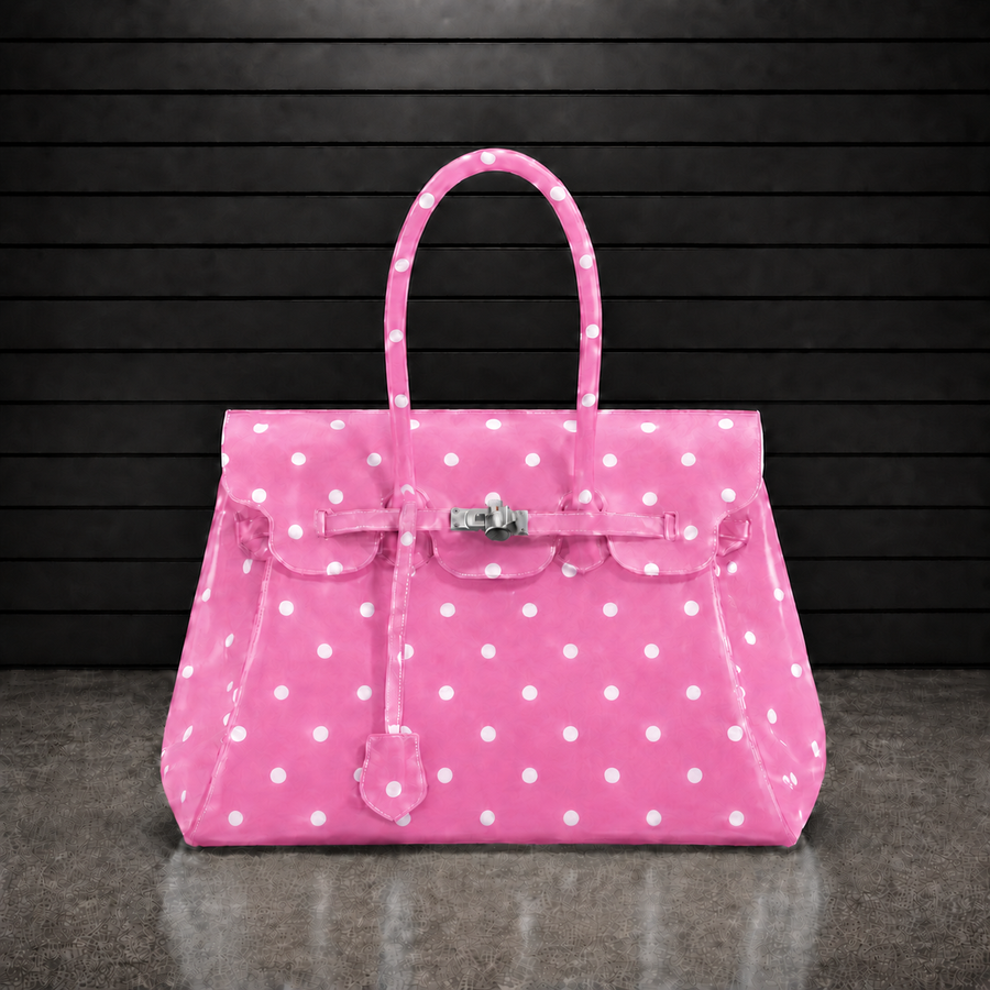 Sac à main Jelly Firkin Baby Pink Dot en TPU translucide rose bonbon à pois blancs, fermoir cadenas argenté