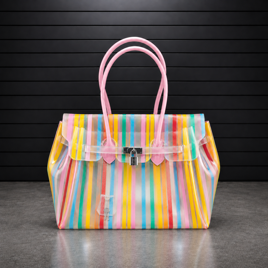 Sac à main Jelly Firkin Candy en TPU translucide à rayures multicolores vives, anses roses et fermoir cadenas