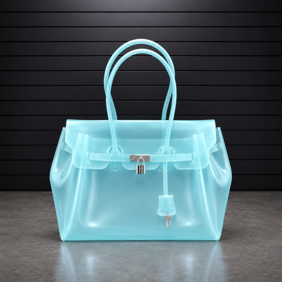 Sac à main Jelly Frosted Aqua en PVC translucide à effet givré bleu aqua, fermoir cadenas argenté
