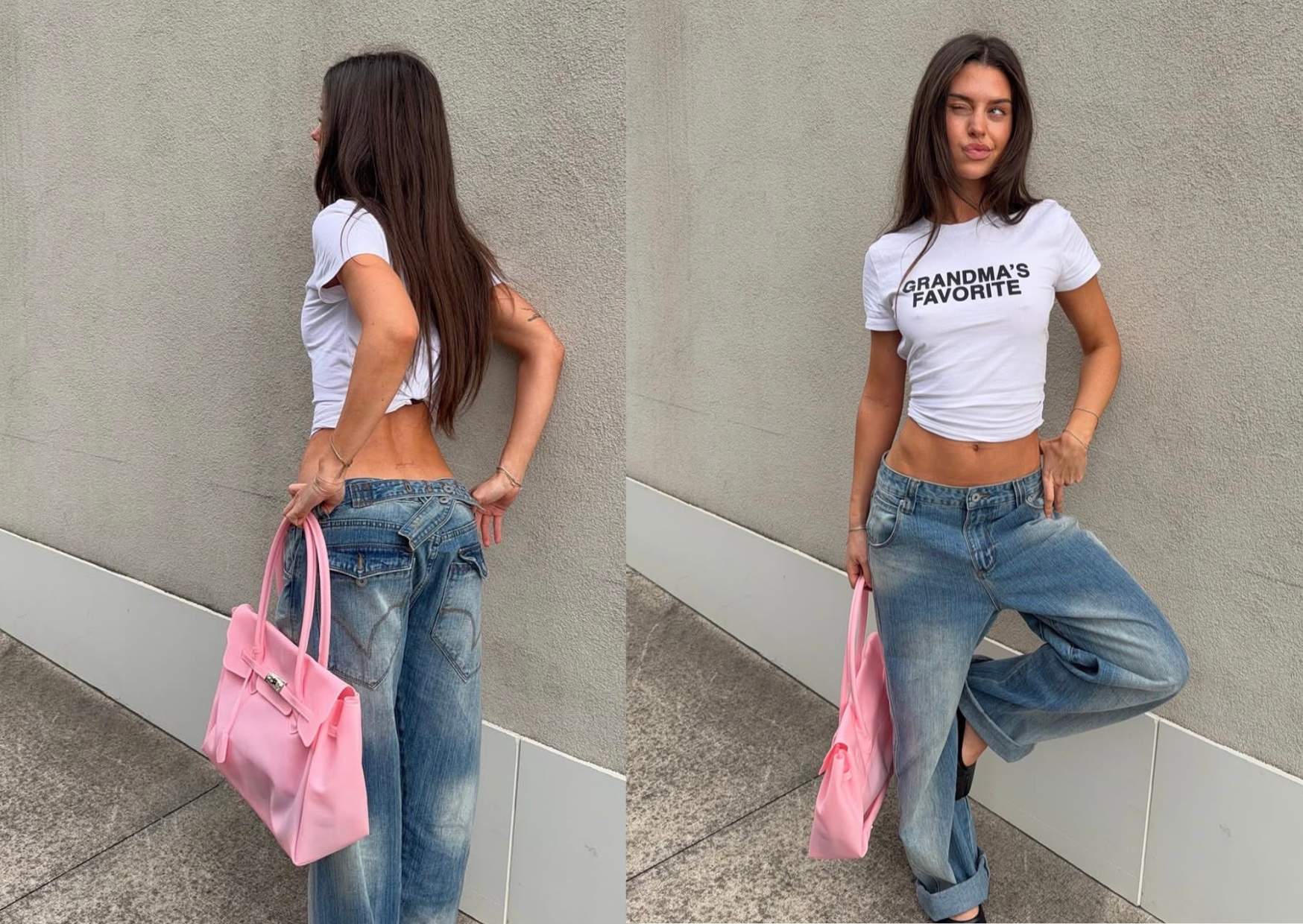 Deux vues d'une femme en jean et t-shirt blanc tenant son sac Jelly Firkin rose poudré, bannière d'accueil