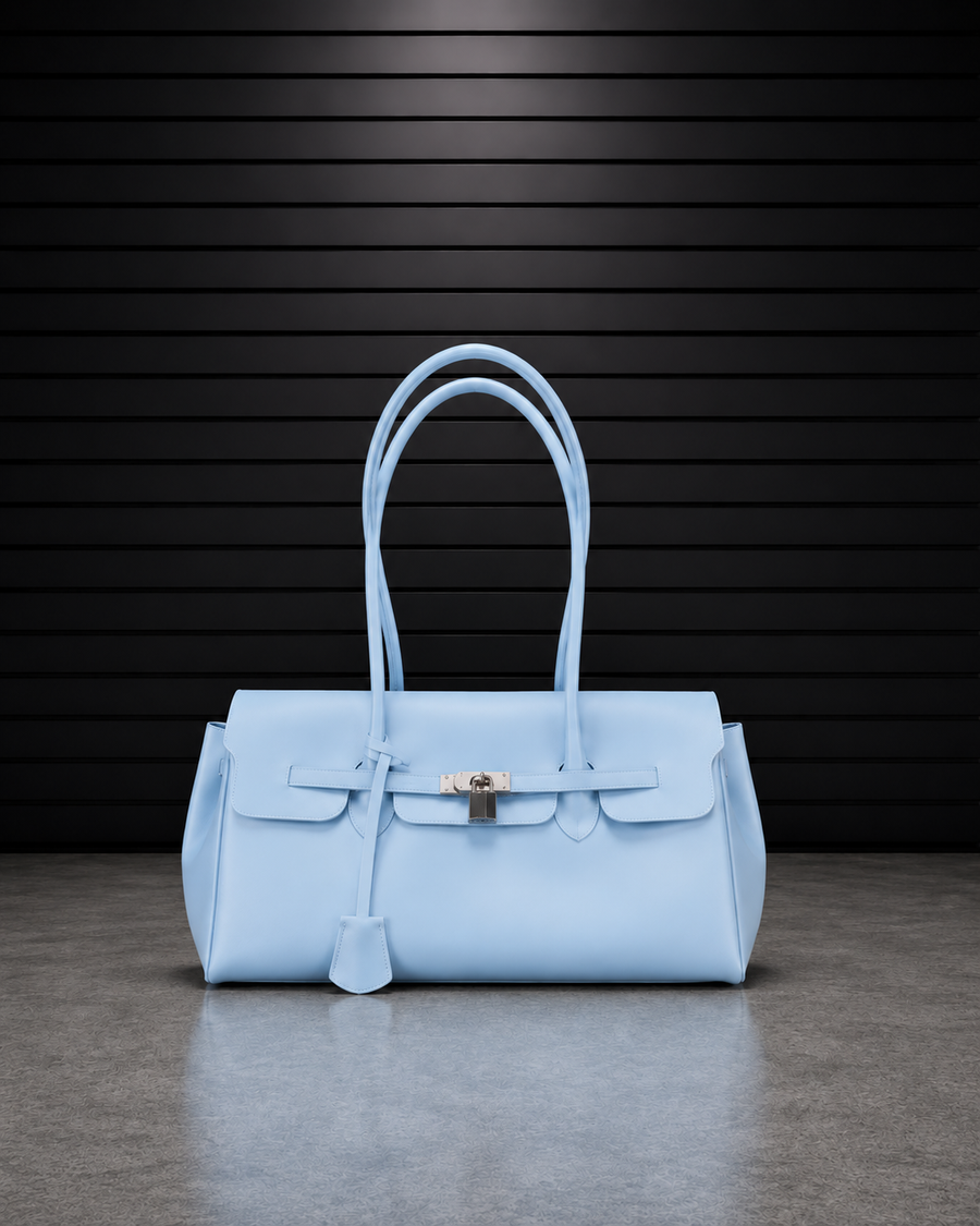 Sac Jelly Pop Baby Blue en PVC mat bleu layette, silhouette bowling à anses longues et fermoir cadenas