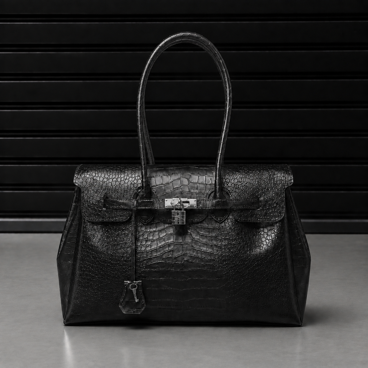 Sac à main Jelly Croco Obsidian en TPU premium gaufré effet crocodile noir intense, finition satinée et fermoir cadenas