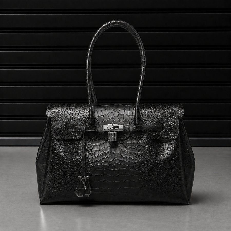 Sac à main Jelly Croco Obsidian en TPU premium gaufré effet crocodile noir intense, finition satinée et fermoir cadenas