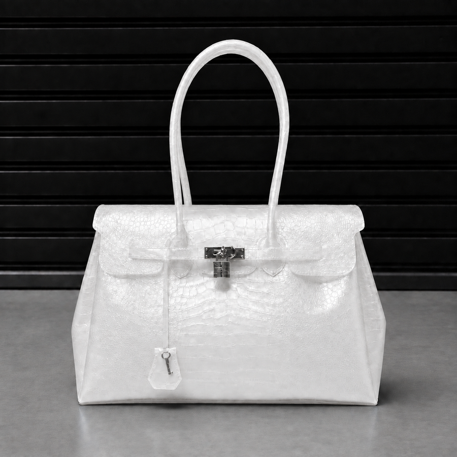 Sac à main Jelly Croco Ivory en TPU premium gaufré effet crocodile blanc ivoire nacré, finition satinée et fermoir cadenas