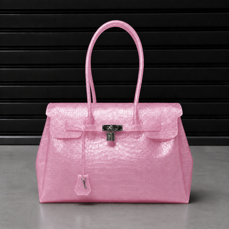 Sac à main Jelly Croco Candy en TPU premium gaufré effet crocodile rose candy, finition satinée et fermoir cadenas