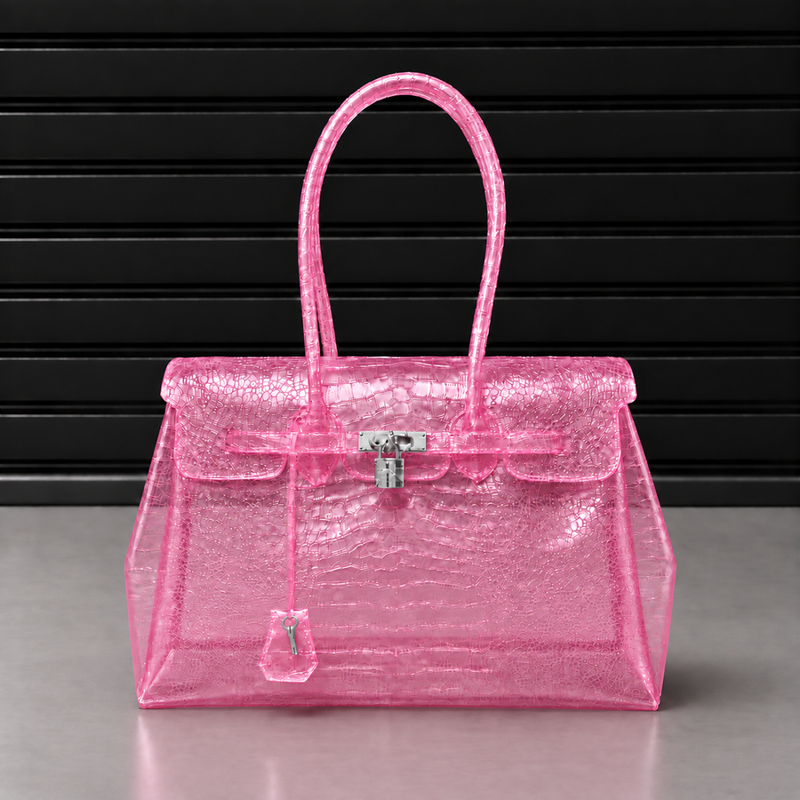 Sac à main Jelly Croco Glossy Bubble Gum en PVC acrylique verni effet crocodile rose vif, fermoir cadenas argenté
