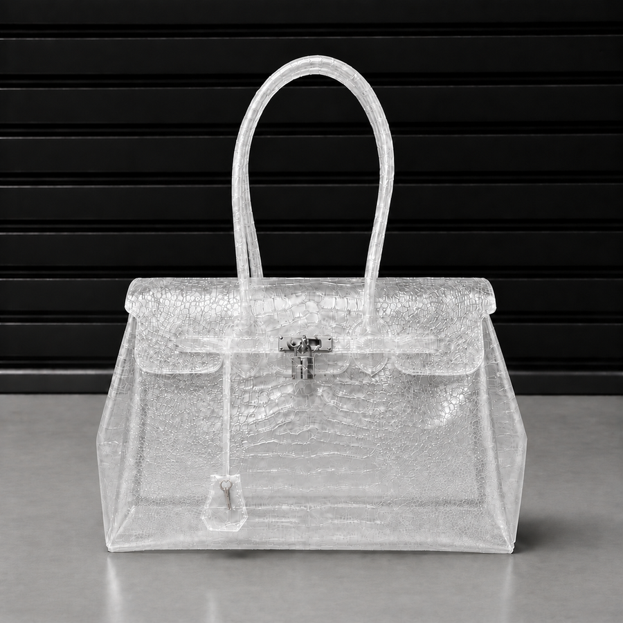 Sac à main Jelly Croco Glossy Ice en PVC acrylique verni effet crocodile incolore, fermoir cadenas argenté