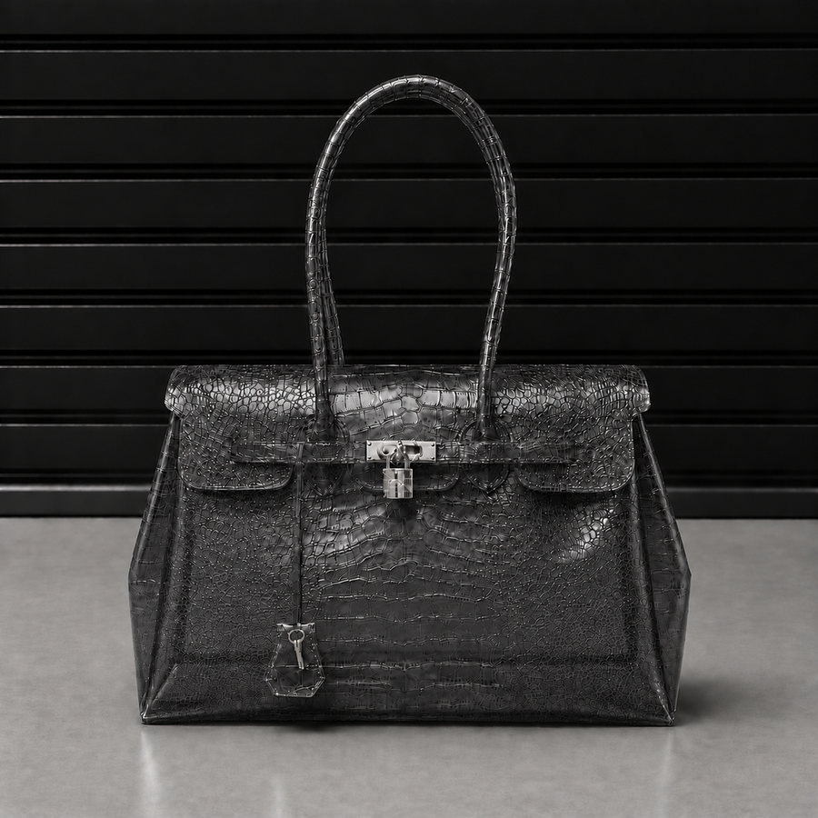 Sac à main Jelly Croco Glossy Shadow en PVC acrylique verni effet crocodile gris fumé profond, fermoir cadenas argenté