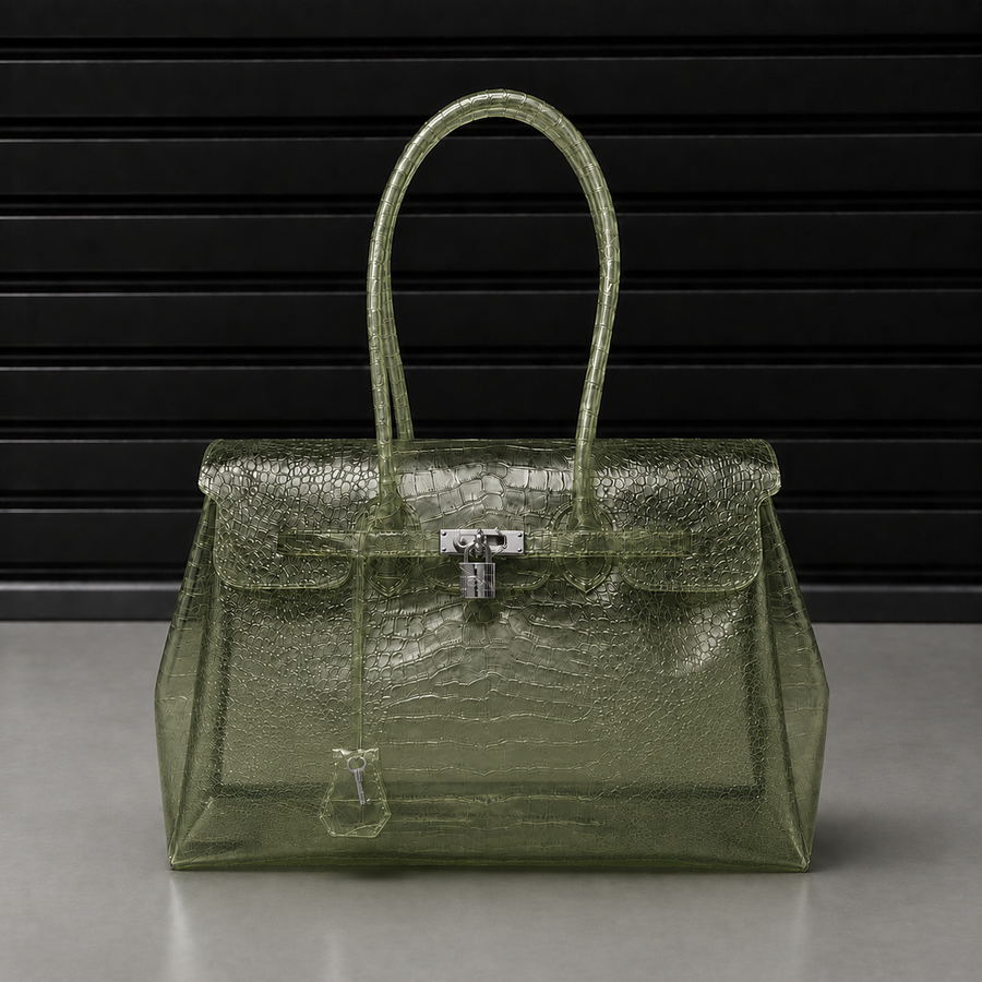 Sac à main Jelly Croco Glossy Sage en PVC acrylique verni effet crocodile vert sauge, fermoir cadenas argenté