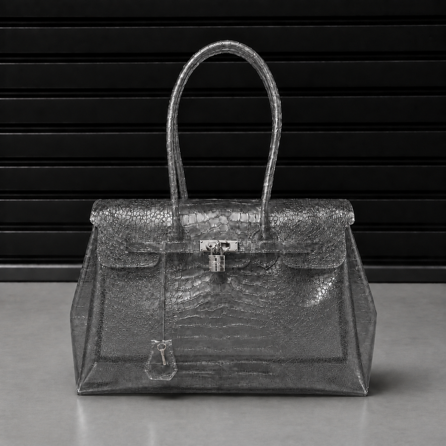 Sac à main Jelly Croco Glossy Smoke en PVC acrylique verni effet crocodile gris fumé clair, fermoir cadenas argenté