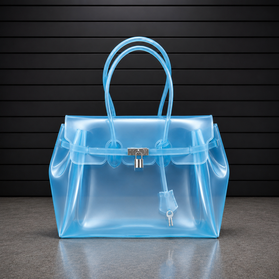 Sac à main Jelly Frosted Blue en PVC translucide à effet givré bleu profond, fermoir cadenas argenté