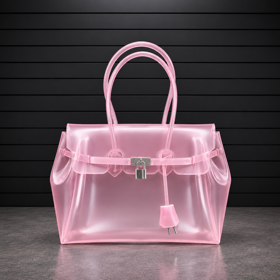 Sac à main Jelly Frosted Peony en PVC translucide à effet givré rose pivoine, fermoir cadenas argenté
