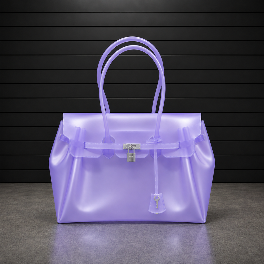 Sac à main Jelly Frosted Iris en PVC translucide à effet givré violet iris, fermoir cadenas argenté