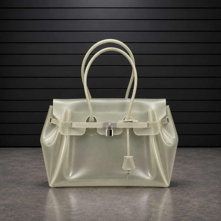 Sac à main Jelly Frosted Olive en PVC translucide à effet givré vert olive, fermoir cadenas argenté