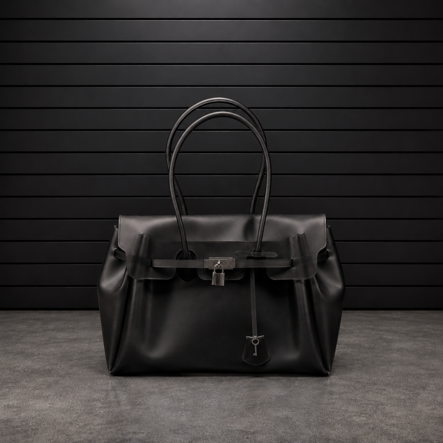 Sac à main Jelly Frosted Ice Black en PVC translucide à effet givré noir fumé, fermoir cadenas argenté