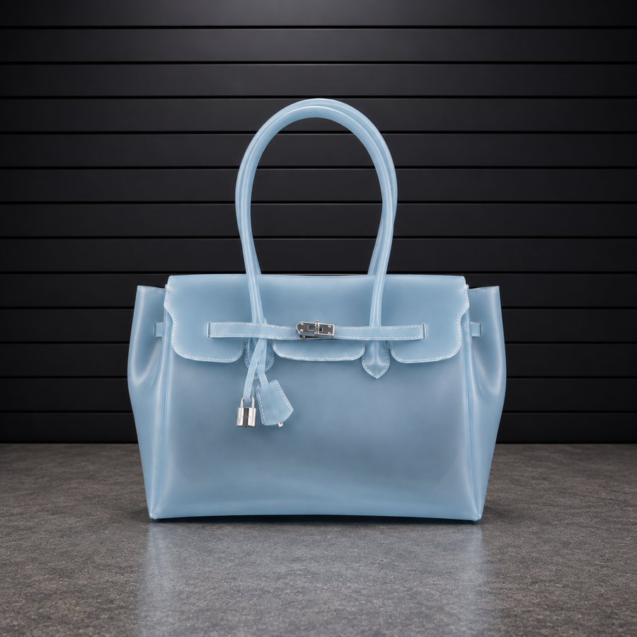 Sac à main Jelly Frosted Storm en PVC translucide à effet givré gris orage, fermoir cadenas argenté