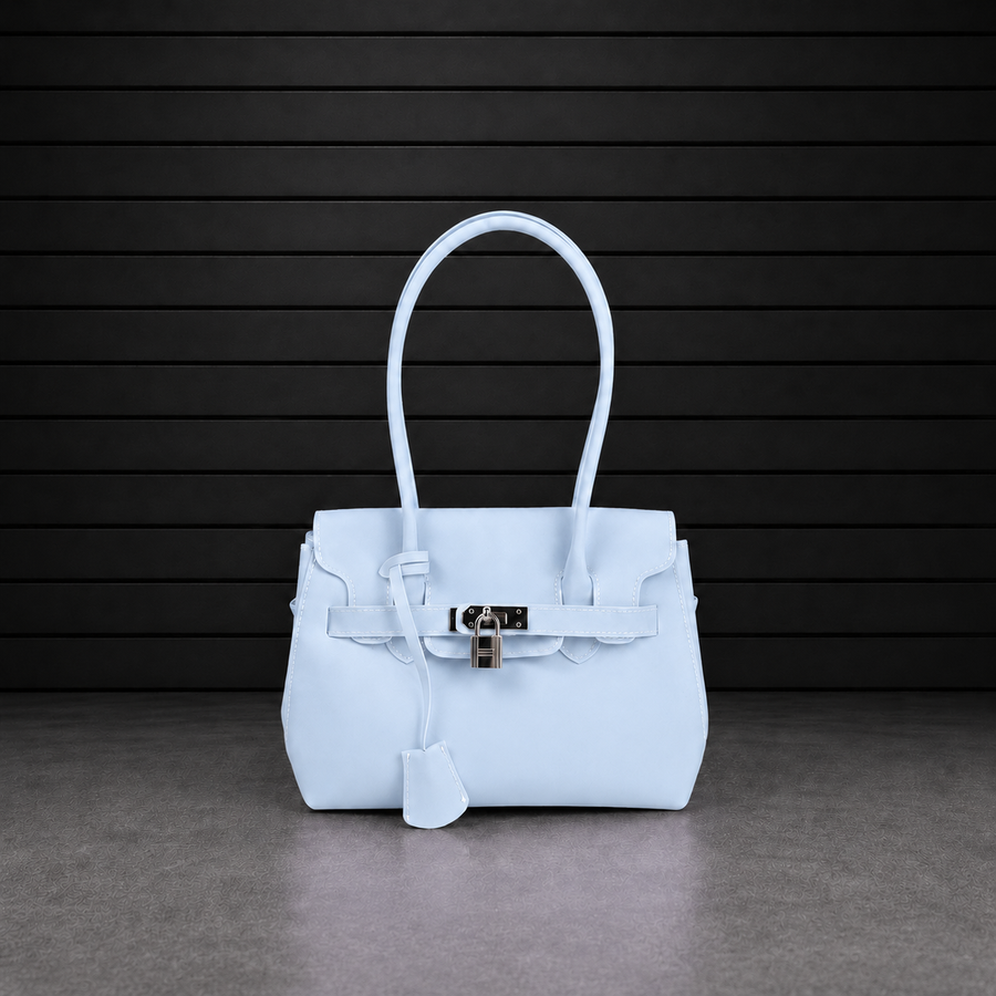 Mini Jelly Firkin Baby Blue, petit sac à main en PVC effet gelée bleu layette, anse rigide et fermoir cadenas