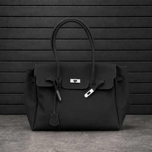 Sac à main Jelly Firkin Onyx en PVC effet gelée noir profond, fermoir cadenas argenté et anses rondes surpiquées