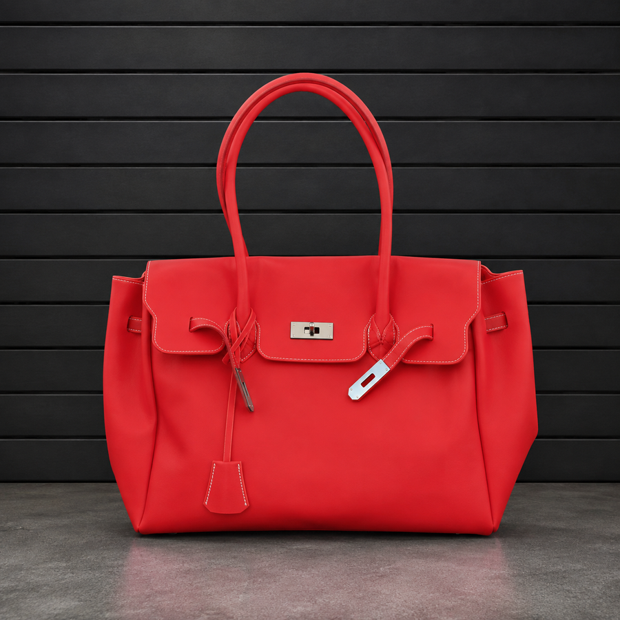 Sac à main Jelly Firkin Ruby en PVC effet gelée rouge rubis, fermoir cadenas argenté et anses rondes surpiquées
