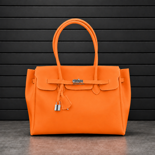 Sac à main Jelly Firkin Sunset en PVC effet gelée orange coucher de soleil, fermoir cadenas argenté et anses rondes surpiquées