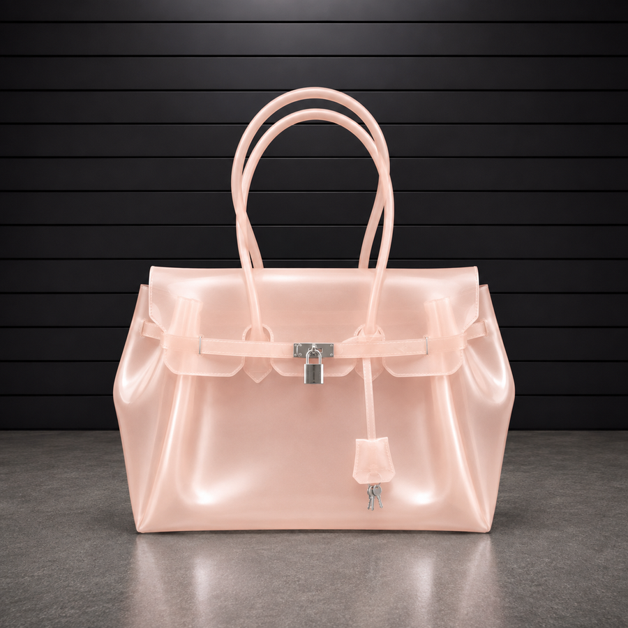 Sac à main Jelly Frosted Pinky en PVC translucide à effet givré rose vif, fermoir cadenas argenté