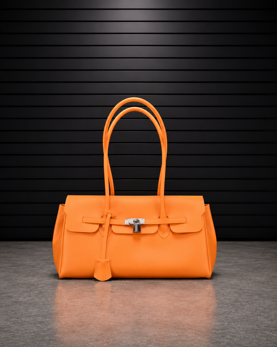 Sac Jelly Pop Sunset en PVC mat orange coucher de soleil, silhouette bowling à anses longues et fermoir cadenas