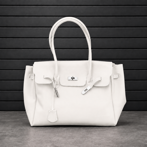 Sac à main Jelly Firkin Pearl en PVC effet gelée blanc nacré, fermoir cadenas argenté et anses rondes surpiquées
