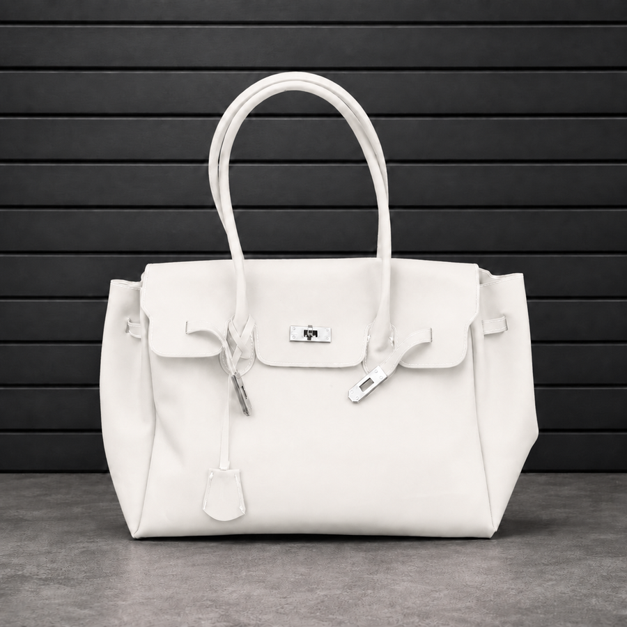 Sac à main Jelly Firkin Pearl en PVC effet gelée blanc nacré, fermoir cadenas argenté et anses rondes surpiquées