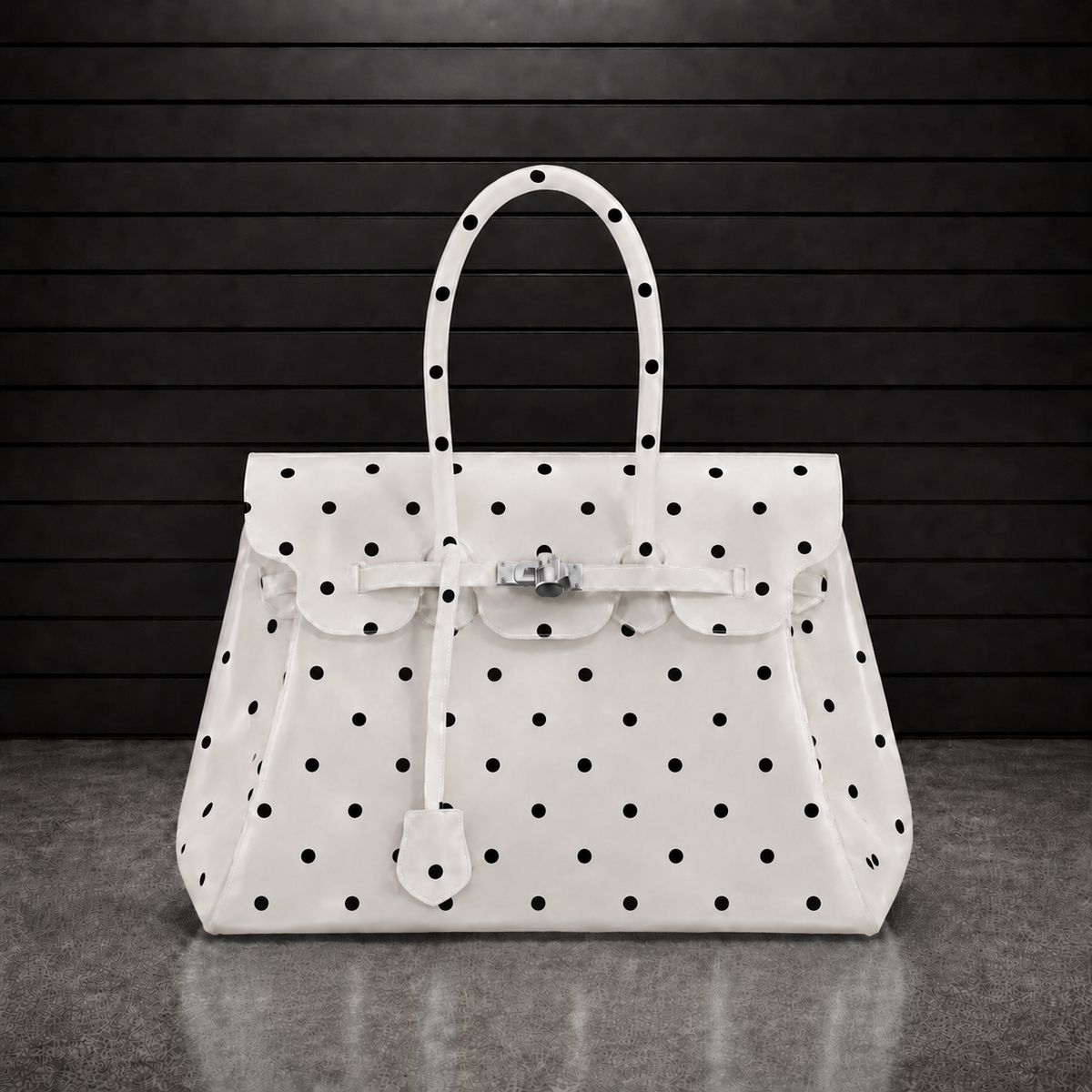 Sac à main Jelly Firkin Pearl Dot en TPU translucide blanc à pois noirs, fermoir cadenas argenté