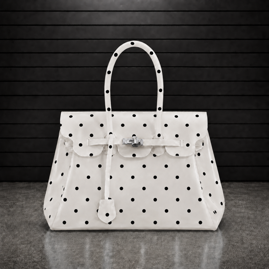 Sac à main Jelly Firkin Pearl Dot en TPU translucide blanc à pois noirs, fermoir cadenas argenté