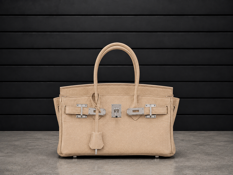 Sac à main Jelly Élan Sable en cuir véritable grainé beige sable, fermoir cadenas argenté et clochette